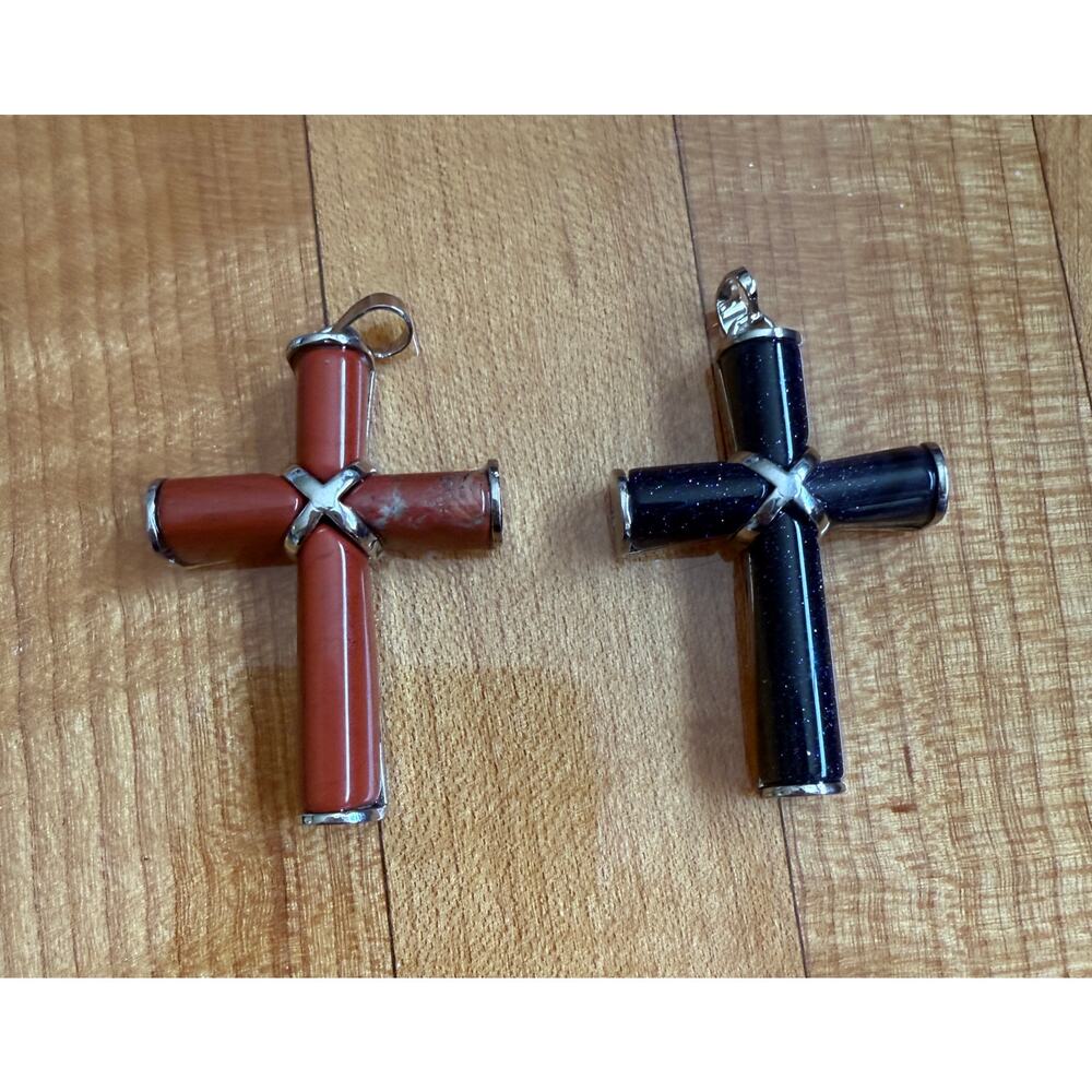 Gemstone Cross Pendant in Red Jasper or Blue Sunstone with silver tone bale New